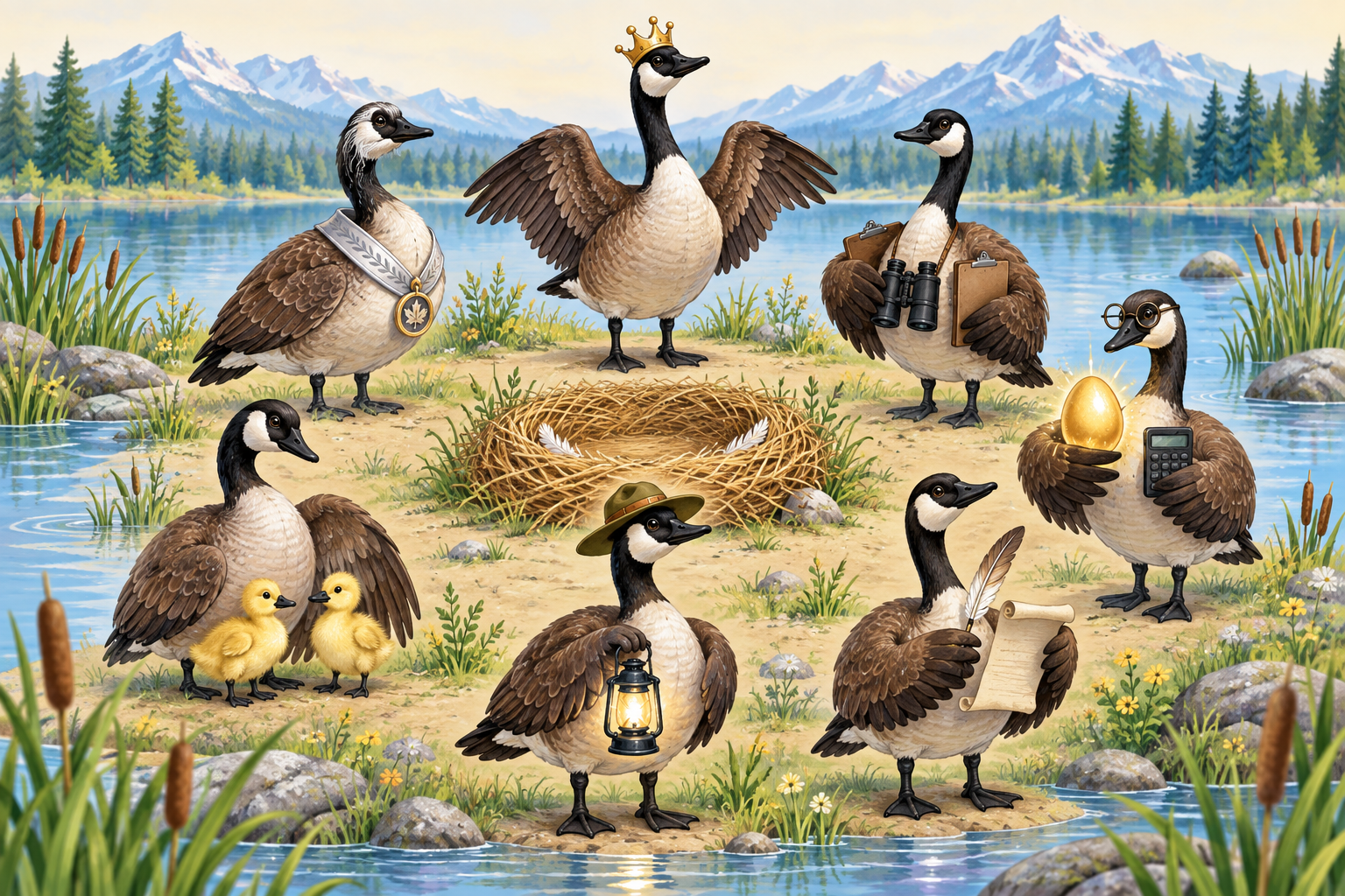 Seven role-themed Canada geese gathered around a nest at an Alberta mountain pond
